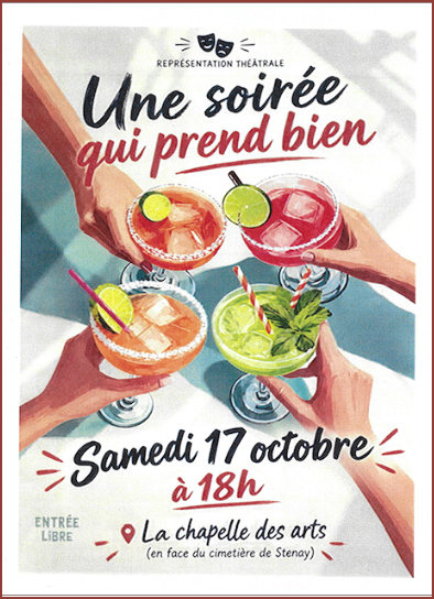 Théâtre, "Une soirée qui prend bien" le samedi 17 octobre à 18 h à la chapelle des Arts